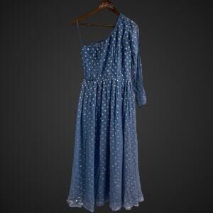 DEA One Sleeve Dress Long Maxi Blue Gold Polka Dot Collar Size 4